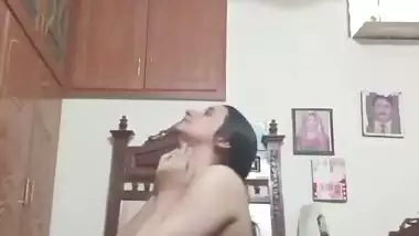 Long hair wife shows naked body curves in shyness